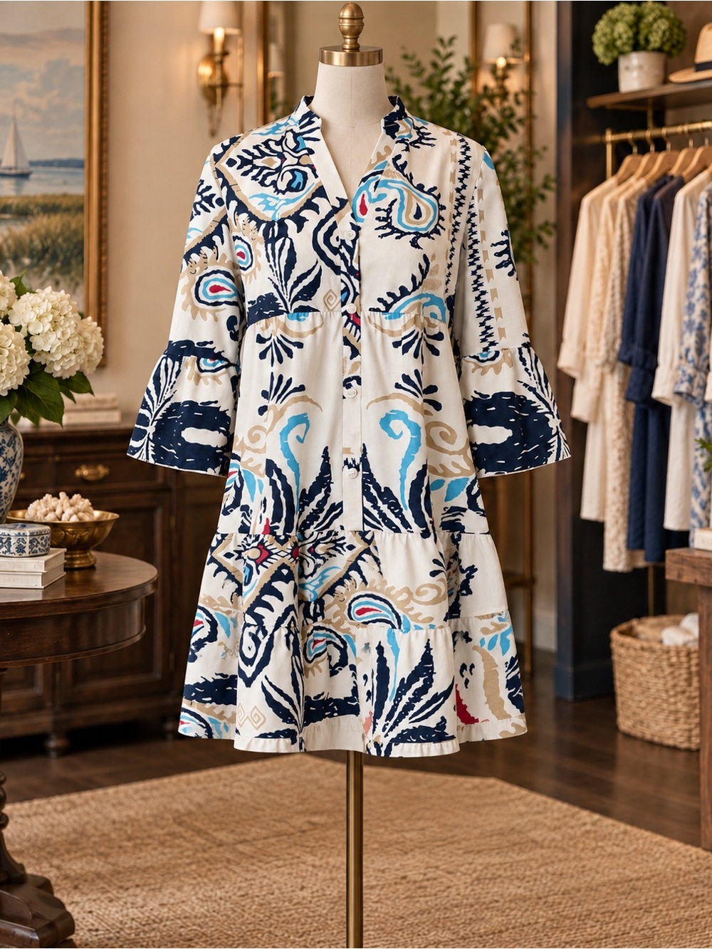 Lovestitch Boho Floral Print V-Neck Tunic Dress in Cream and Navy
